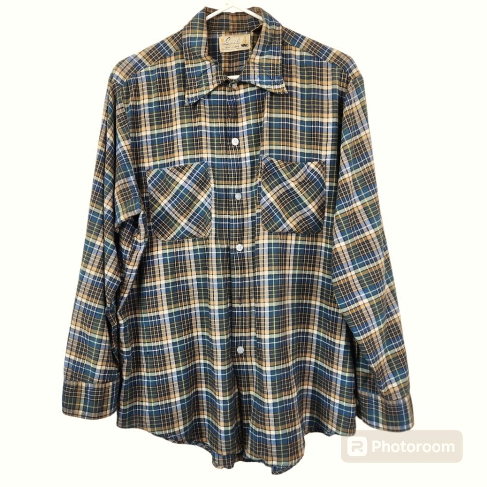 Sail For Sears Roebuck And Co Vintage 60s 70s Long Sleeve Plaid Button Down L